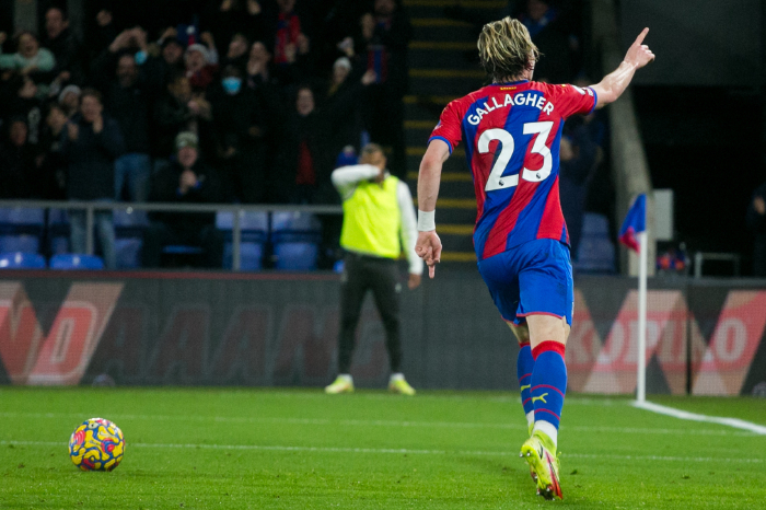 Conor Gallagher celebrates his goal for Crystal Palace against Everton