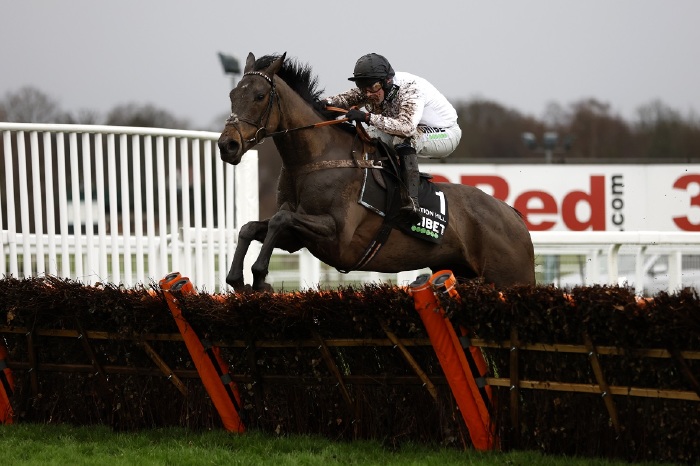 Constitution Hill and Nico de Boinville clear the last on the way to winning the 2022 Tolworth Hurdle at Sandown Park