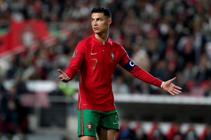 Cristiano Ronaldo dejected after Serbia's 90th minute winner in the World Cup qualifiers