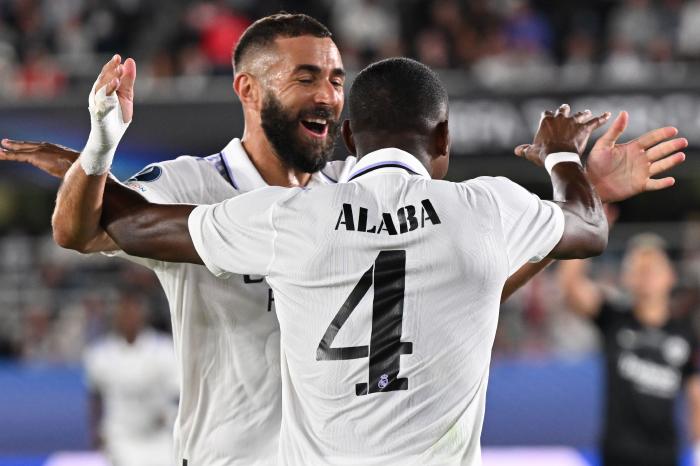 David Alaba celebrates with Karim Benzema Super Cup goals