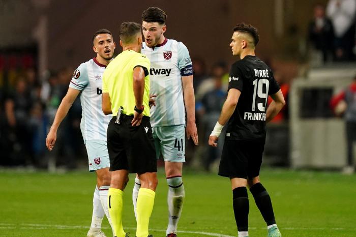 West Ham captain Declan Rice confronts referee