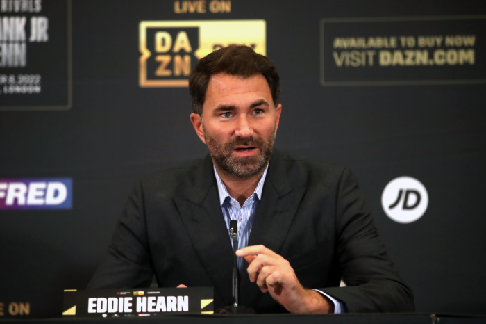 Eddie Hearn during a press conference at the Canary Riverside Plaza Hotel London