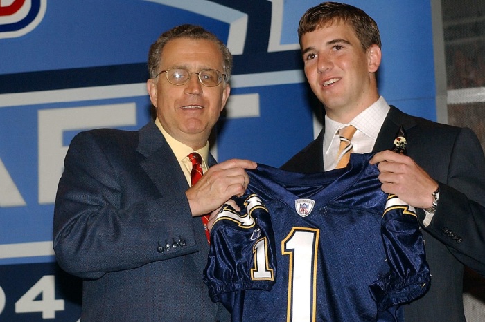 Eli Manning's forced smile says it all as he was drafted by the Chargers