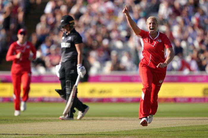 England Katherine Brunt celebrates wicket of New Zealand Amelia Kerr