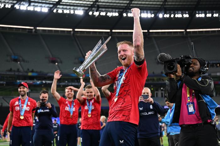 England's Ben Stokes celebrates with the trophy after winning the T20 World Cup Final