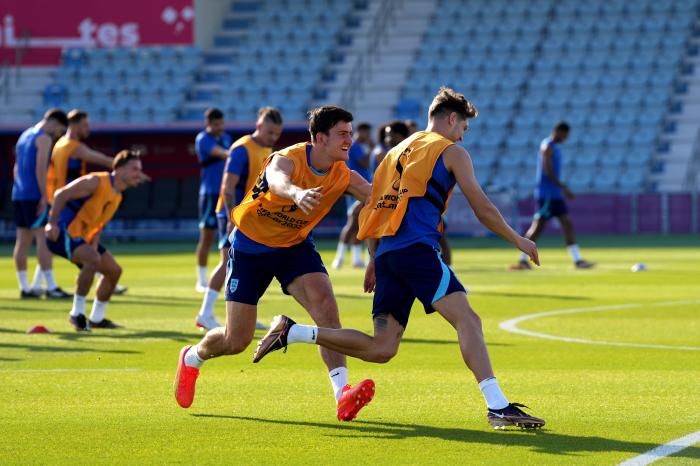 England's John Stones and Harry Maguire during a training session at the Al Wakrah Sports Complex