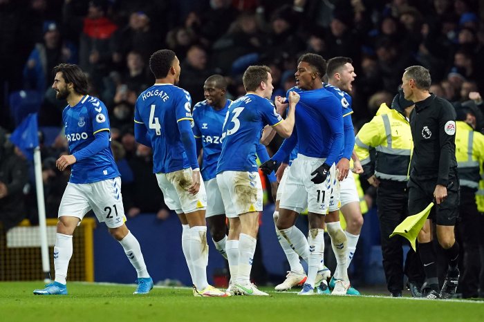 Everton celebrate Demarai Gray's late winner against Arsenal