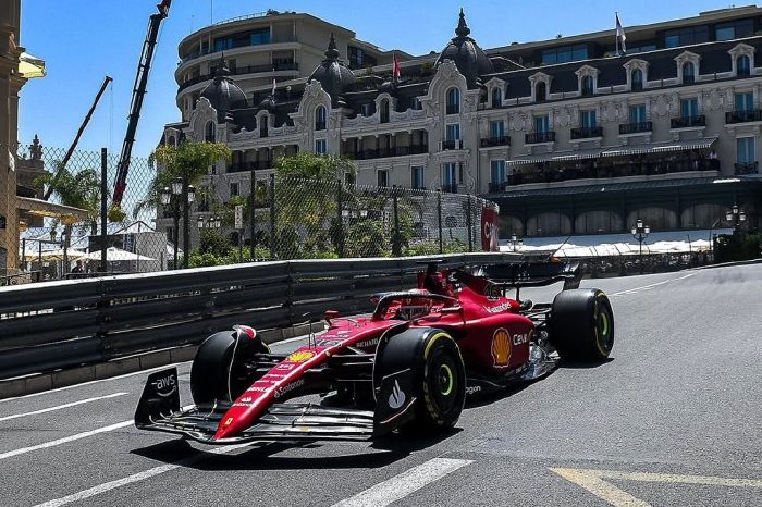 Ferrari's Charles Leclerc on track during first practice for Monaco GP