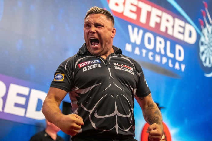 Gerwyn Price in action during the World Matchplay. Photo Credit: Taylor Lanning