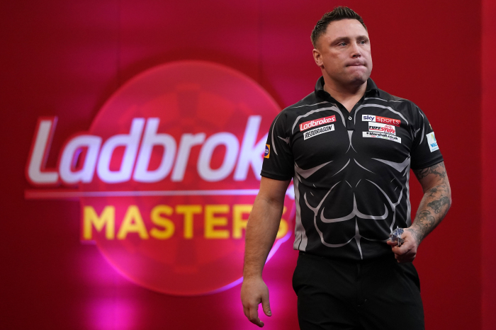 Gerwyn Price in action at the 2021 Masters Darts