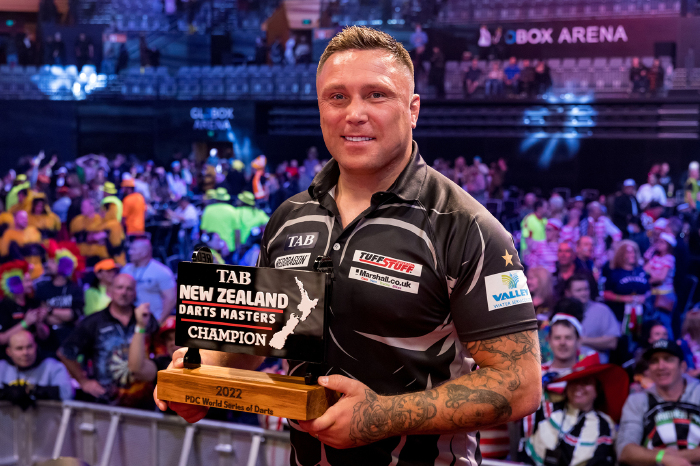 Gerwyn Price with the TAB New Zealand Darts Masters title