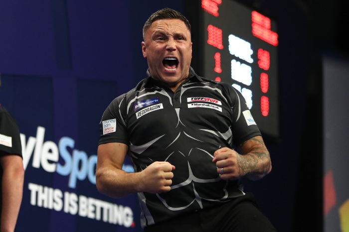 Gerwyn Price in action. Photo Credit: Kieran Cleeves/PDC