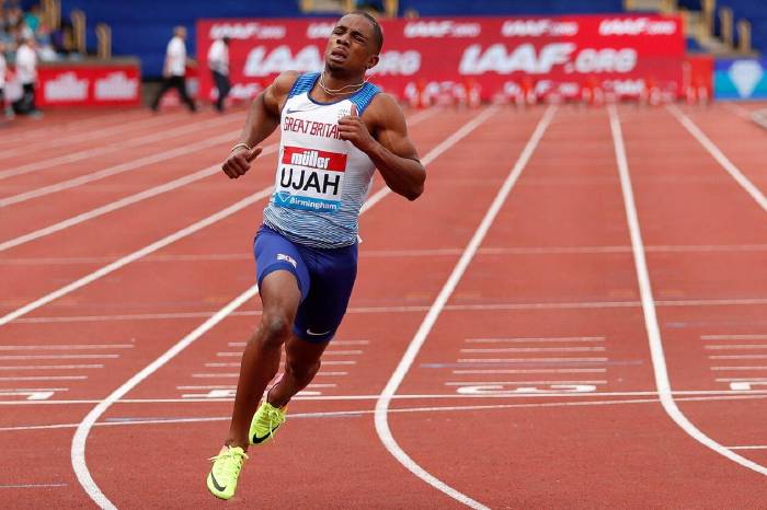 Great Britain's CJ Ujah celebrates victory in the 100m - October 2022