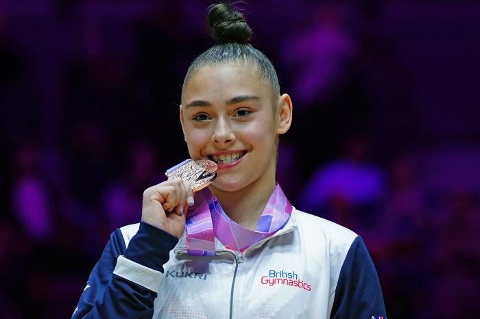 Great Britain's Jessica Gadirova with bronze on the podium at the FIG Artistic Gymnastics World Championships