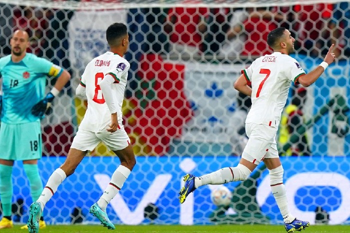 Hakim Ziyech celebrates scoring for Morocco