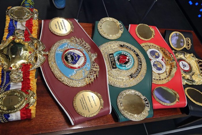 IBF, WBA, WBO, IBO and The Ring world heavyweight champion belts