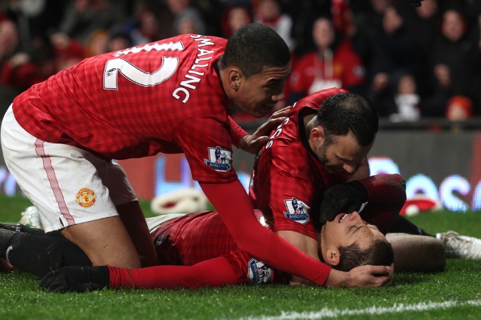 Manchester United celebrate Javier Hernandez's late winner against Newcastle on Boxing Day 2012