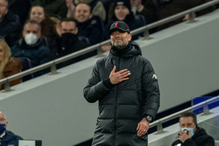 Jurgen Klopp on the sidelines for Liverpool's clash with Tottenham
