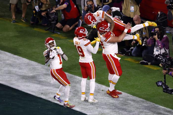 Kansas City Chiefs wide receiver Skyy Moore (24) scores during the NFL Super Bowl 57 LVII