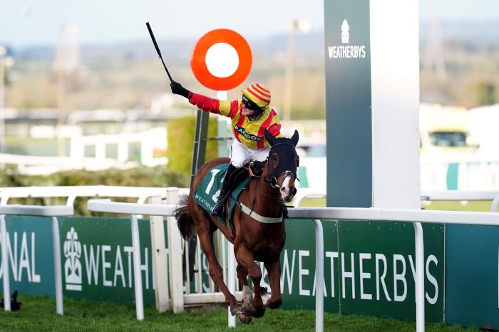Lookaway ridden by jockey Jack Quinlan win the Weatherbys nhstallions.co.uk Standard Open National Hunt Flat Race during Grand National Day