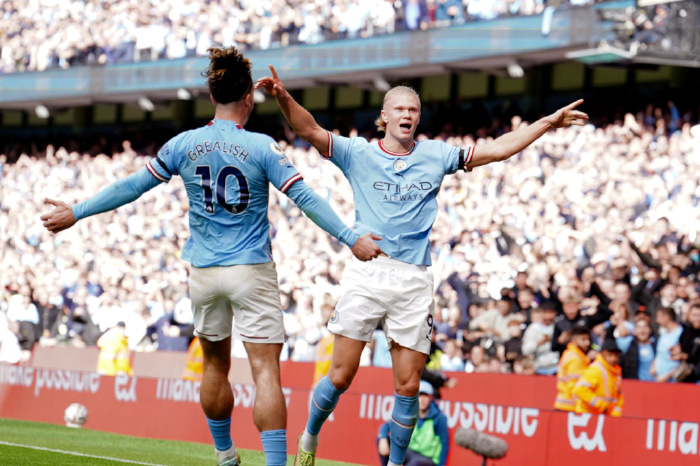 Manchester City's Erling Haaland celebrates scoring against Manchester United