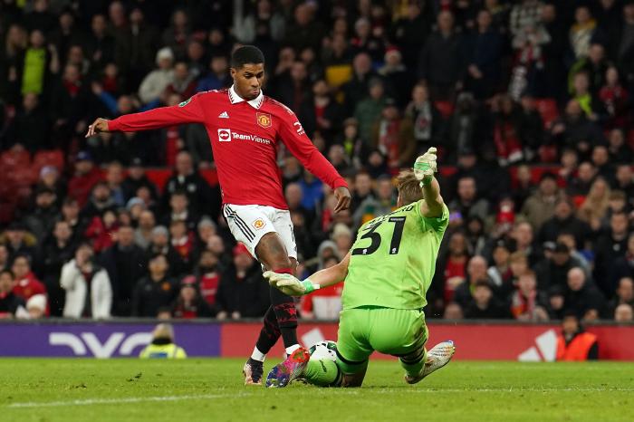 Manchester United's Marcus Rashford scores their side's second goal of the game during the Carabao Cup
