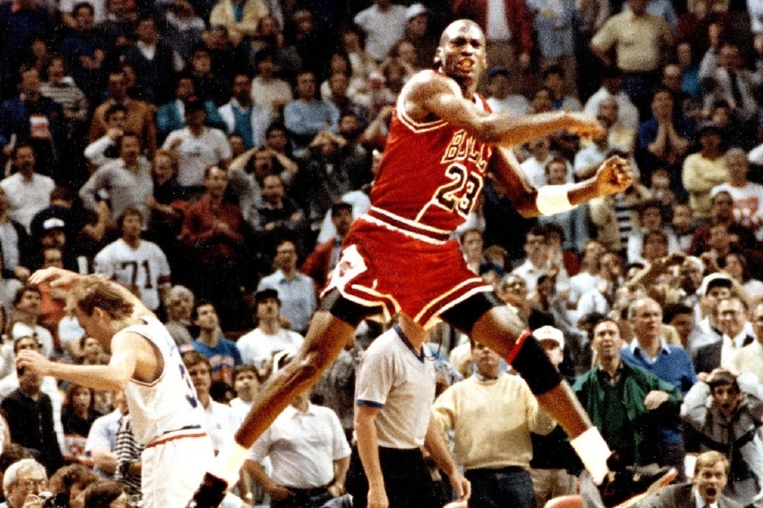Michael Jordan celebrates his game-winner against the Cavs in 1989
