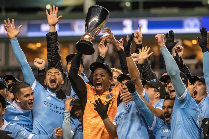 New York City FC celebrate winning the Eastern Conference.