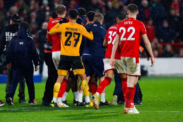 Nottingham Forest versus Wolverhampton Wanderers; A scuffle breaks out after the penalty shoot-out