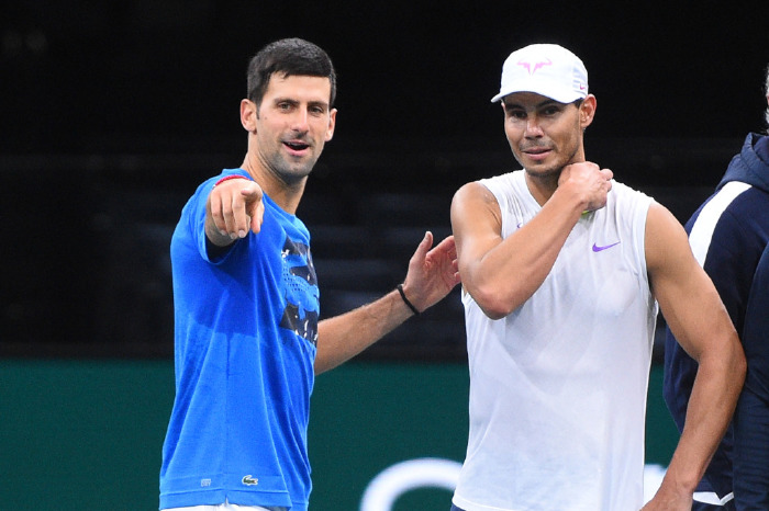 Novak Djokovic and Rafael Nadal at practice