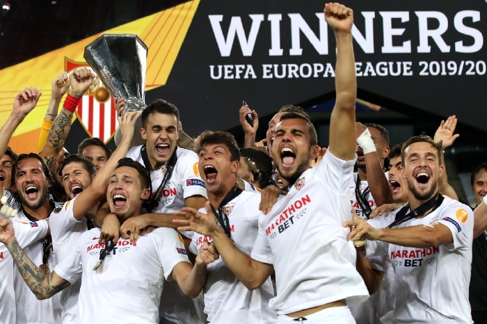 Recent winners Sevilla celebrating their Europa League victory