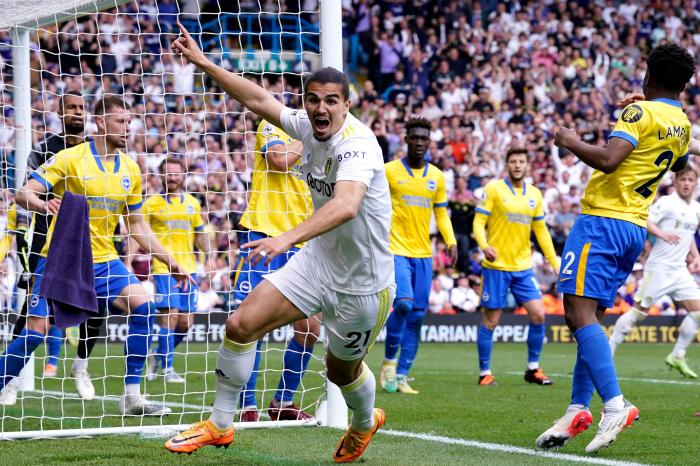 Leeds celebrate their equaliser against Brighton on Sunday
