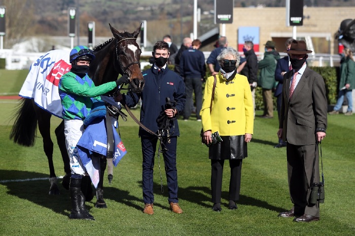 Paul Townend (far left), Willie Mullins (far right) and Appreciate It after winning the 2021 Supreme Novices Hurdle at Cheltenham