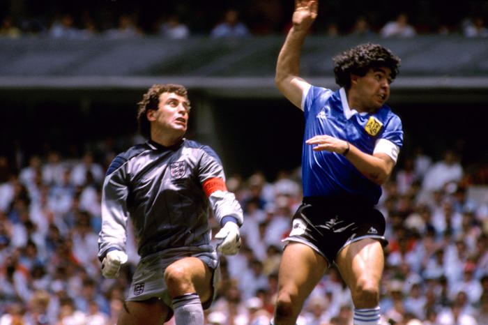 A controversial moment from Word Cup history as Diego Mardona beats Peter Shilton to the ball