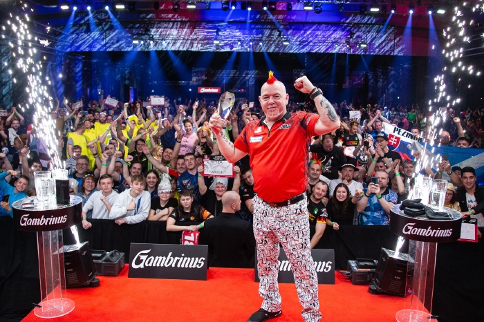 Peter Wright celebrates victory at the Czech Darts Open