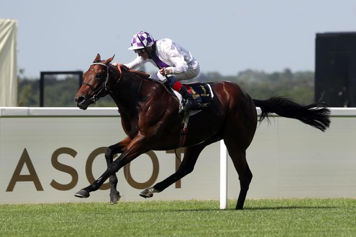 Poetic Flare ridden by jockey Kevin Manning on their way to winning the St James's Palace Stakes