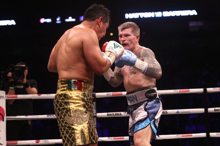Ricky Hatton in action against Marco Antonio Barrera in the exhibition bout at the AO Arena in Manchester