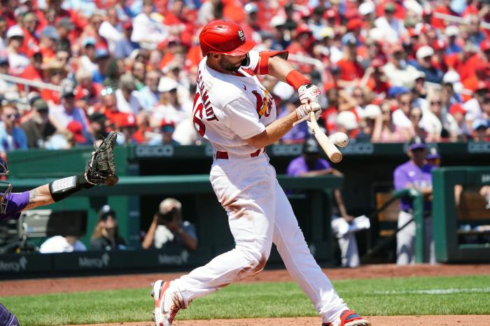 St. Louis Cardinals Paul Goldschmidt swings, breaking his bat