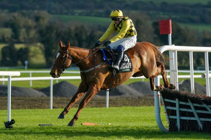 State Man ridden by Paul Townend jumps the last on his way to win the Unibet Morgiana Hurdle race