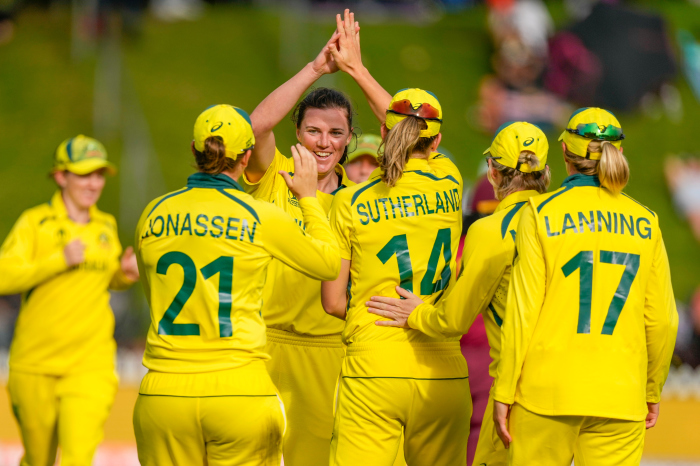 Australia celebrate a wicket during the World Cup semi-final