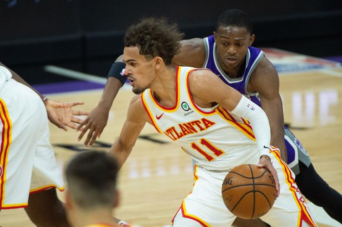 Trae Young playing for Atlanta Hawks in the NBA