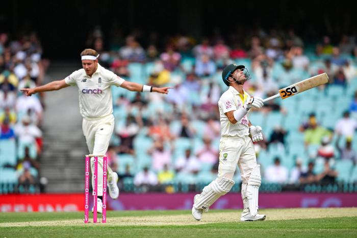 tuart Broad of England celebrates taking the wicket of David Warner of Australia - Jan 2022