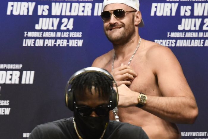 Tyson Fury at the press conference with Deontay Wilder