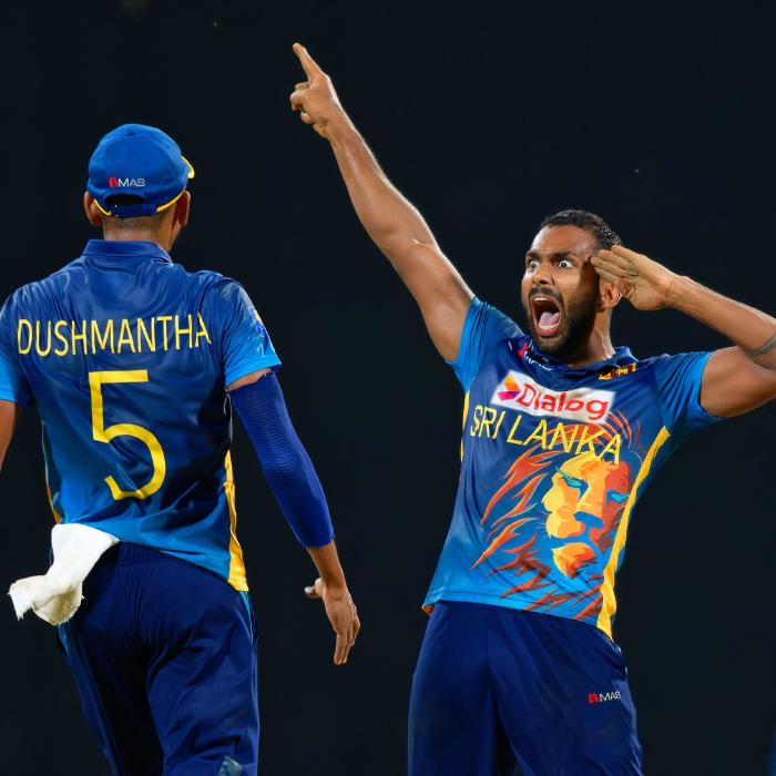 Chamika Karunaratne celebrates taking a wicket in the second one-day international