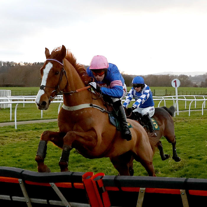Dingo Dollar ridden by Wayne Hutchinson clears the last fence to win the Le Chalice Maiden Hurdle Race