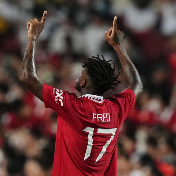 Fred celebrates his goal for Manchester United against Liverpool in Thailand