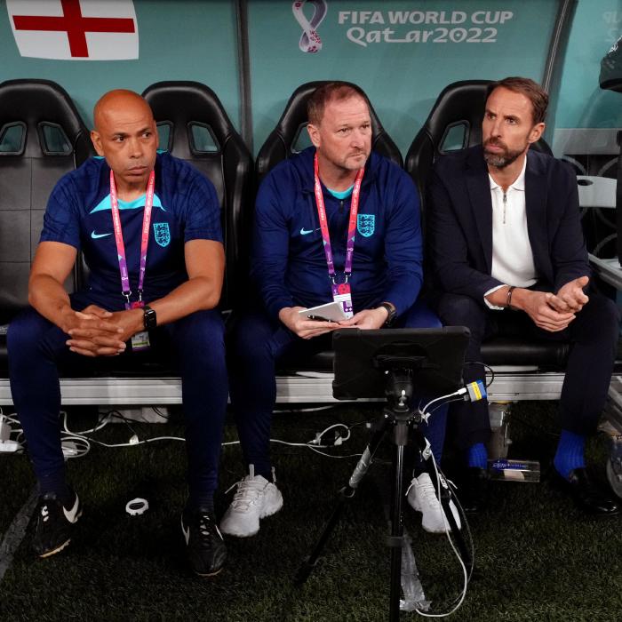 Gareth Southgate with assistant Steve Holland (centre) and coach Paul Nevin (left)