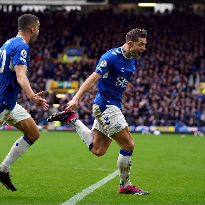 James Tarkowski celebrates scoring for Everton.
