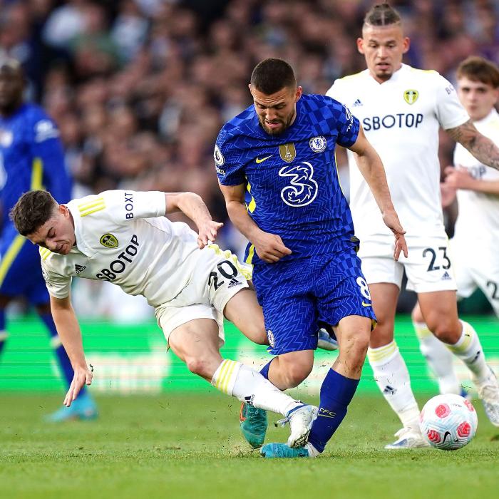 Dan James catches Mateo Kovacic during Leeds' Premier League clash with Chelsea