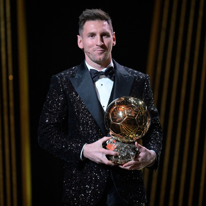 Lionel Messi celebrating a record seventh Ballon d'Or